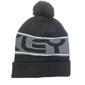 Oakley Black Gray White Logo Pom Pom Beanie Hat Cuffed Knit Winter One Size